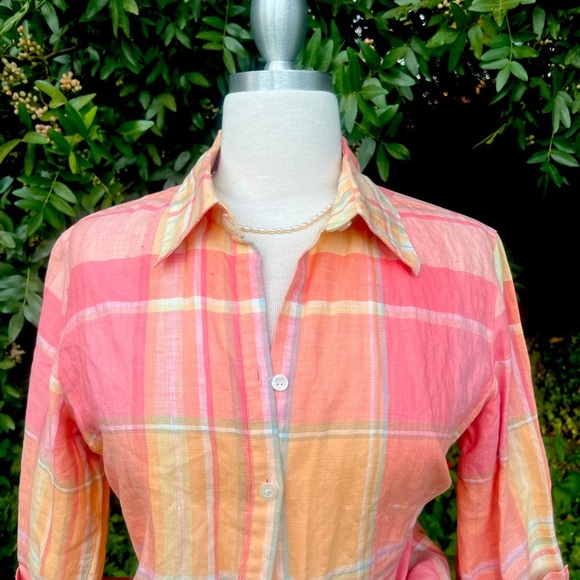 Liz Claiborne 100% linen White and Orange Plaid Button-Down Shirt - Picture 3 of 6